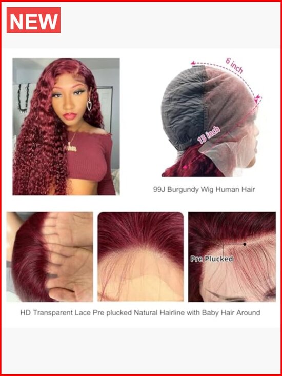 99J Burgundy Deep Wave Lace Front Wig Human Hair Pre Plucked HD Transparent